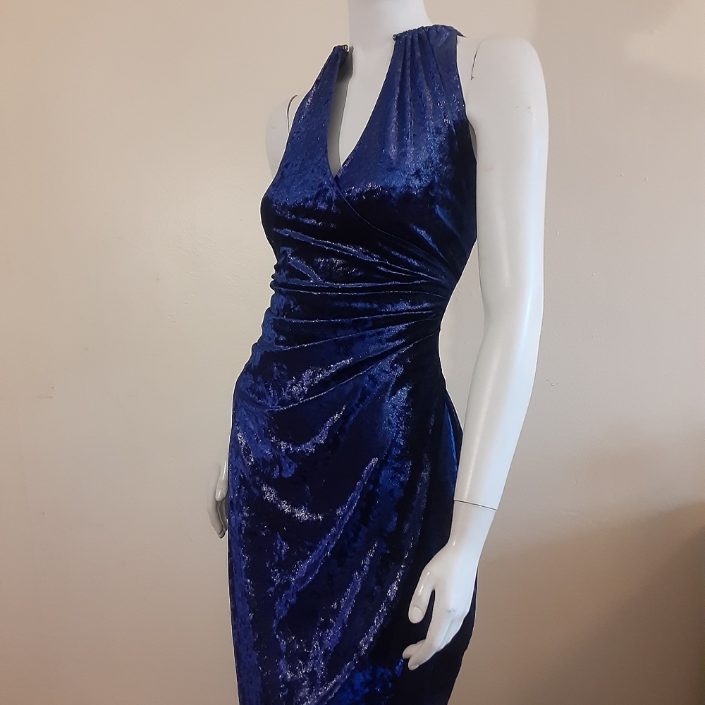 T TAHARI Blue Velvet Draped Knee Length Dress